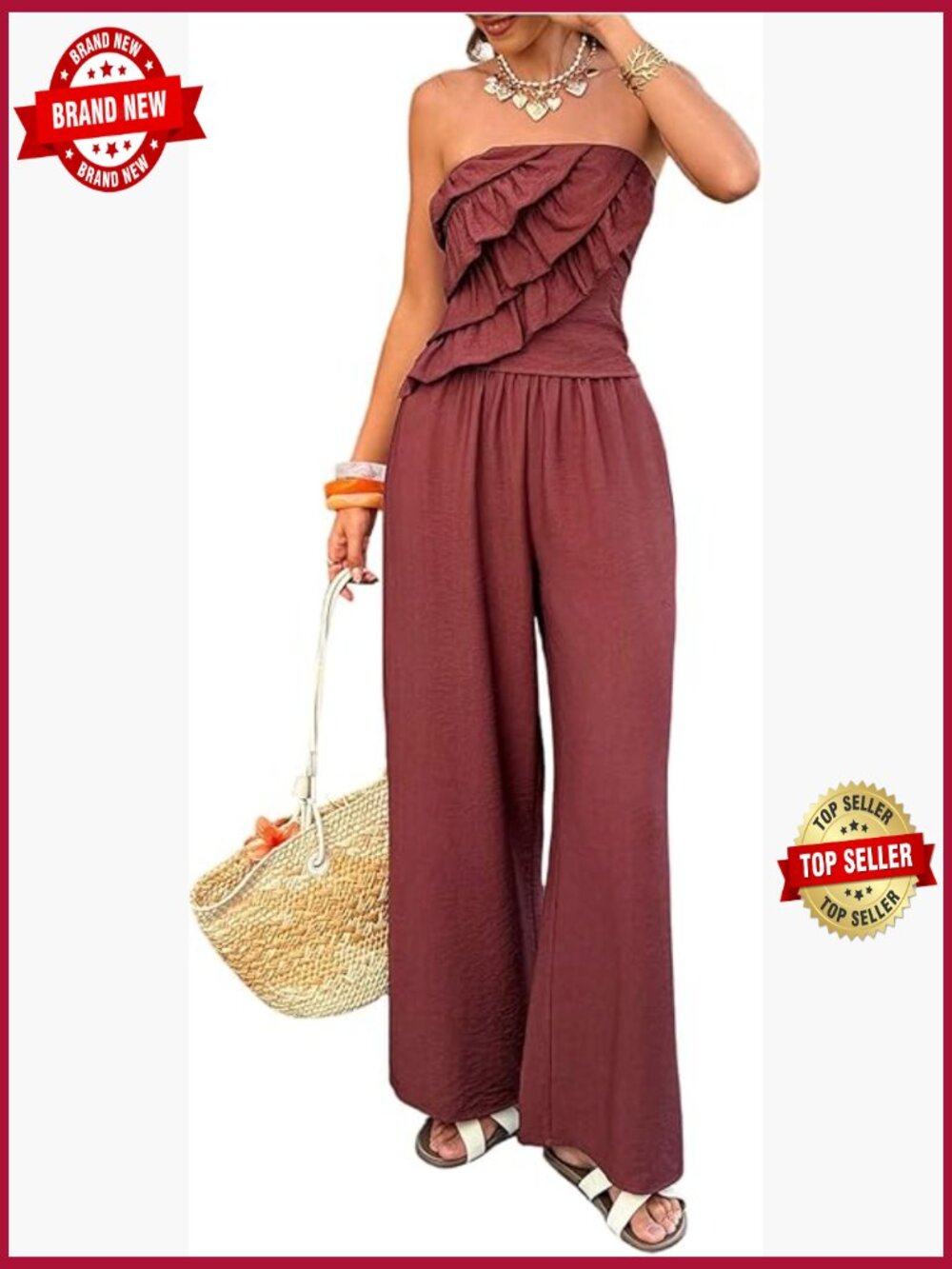 Women's 2 Piece Vacation Outfit Strapless Crop Top & Wide Leg Pants Set